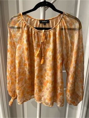 Aakaa Orange and Cream Floral Tie-Neck Peasant Blouse with tassels